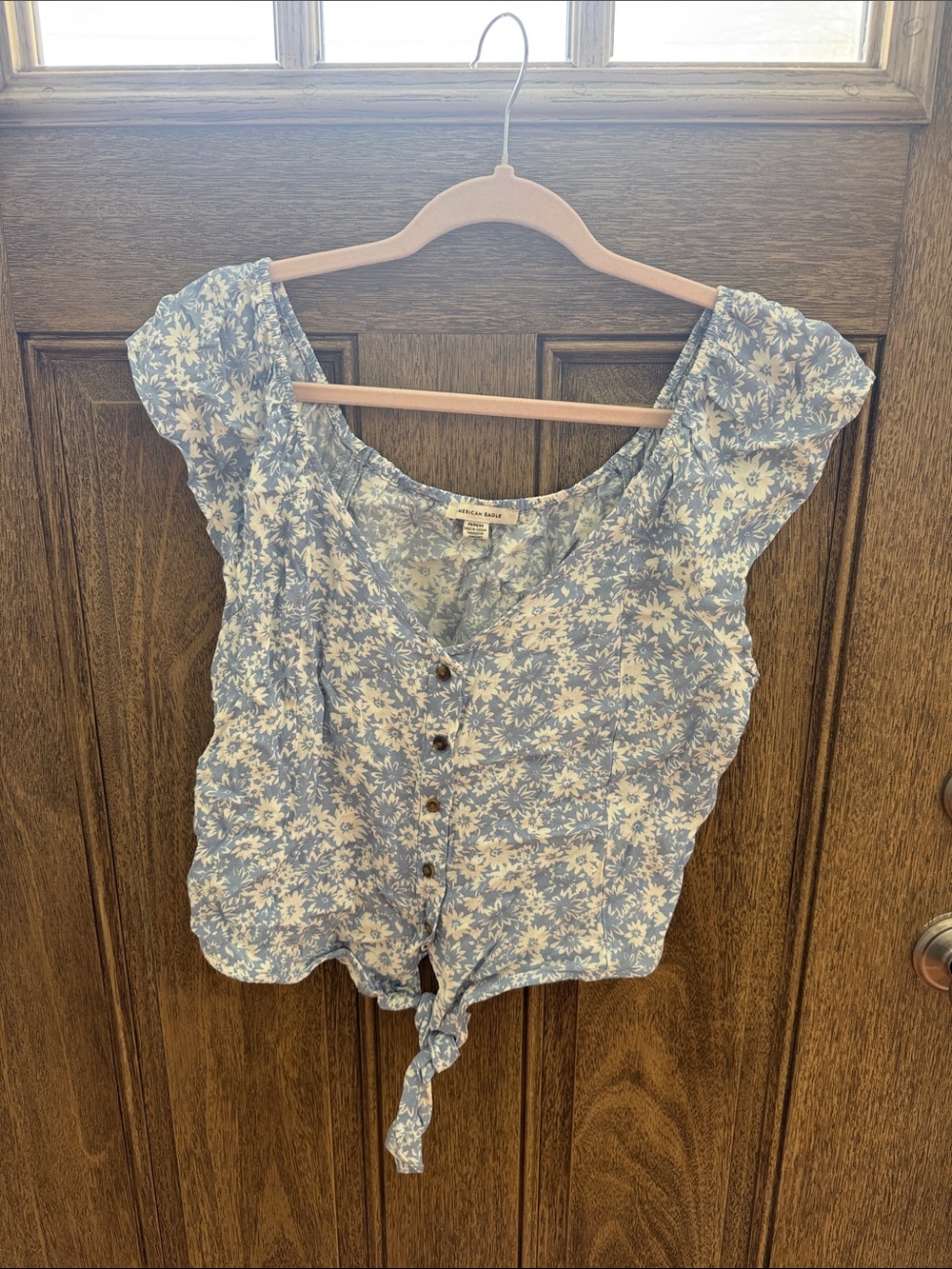 American Eagle Outfitters Light Blue Floral Tie-Front Blouse